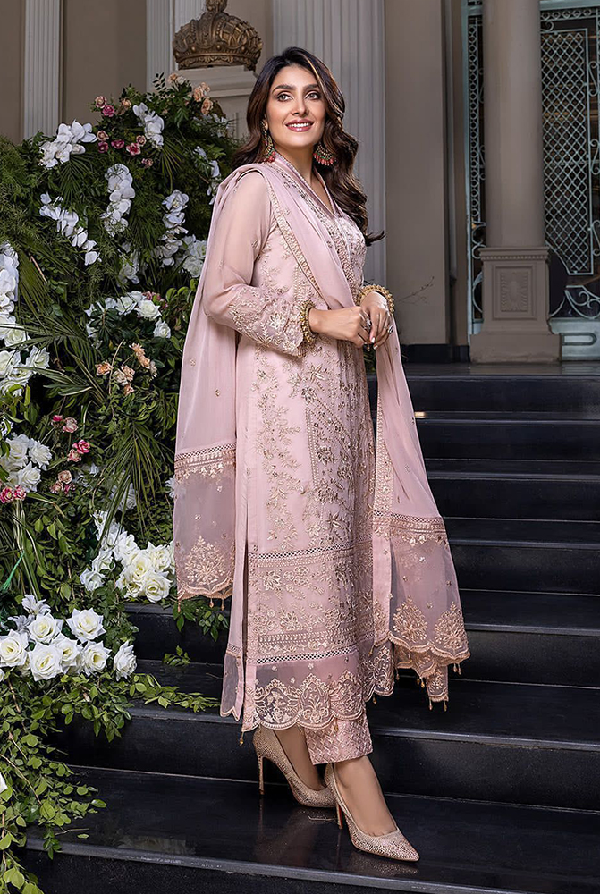 front: chiffon embroidered & zari with daman embroidered patch sleeves: chiffon embroidered trouser: malai & embroidered patch