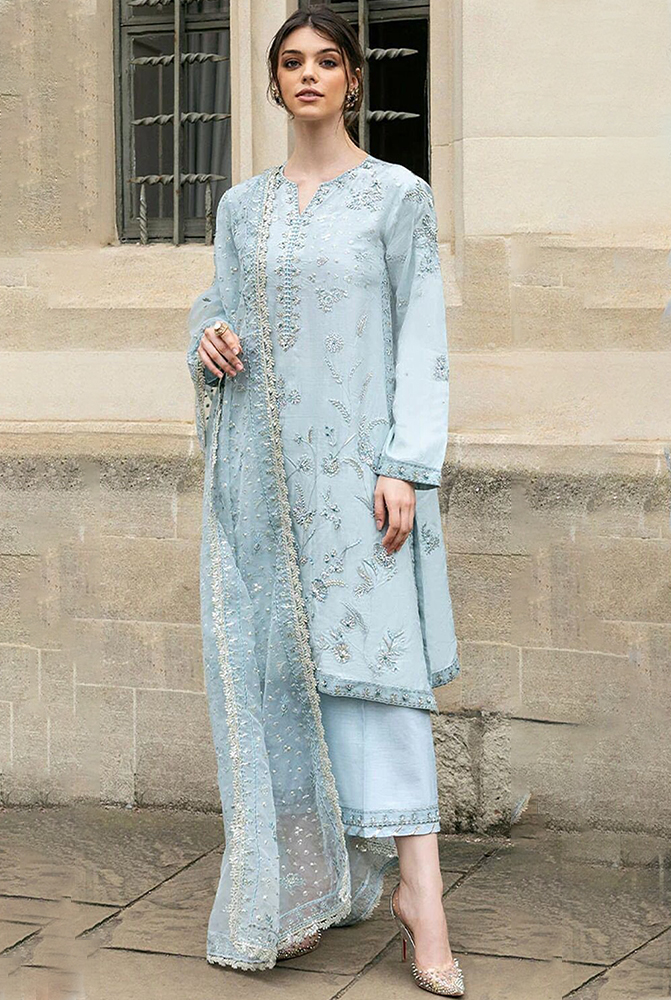 Embroidered Shamoze Silk with Adda Work, Stone Work, and Embroidered Daman Patti and Chaak Patti 4-Side Embroidered Attached Lace