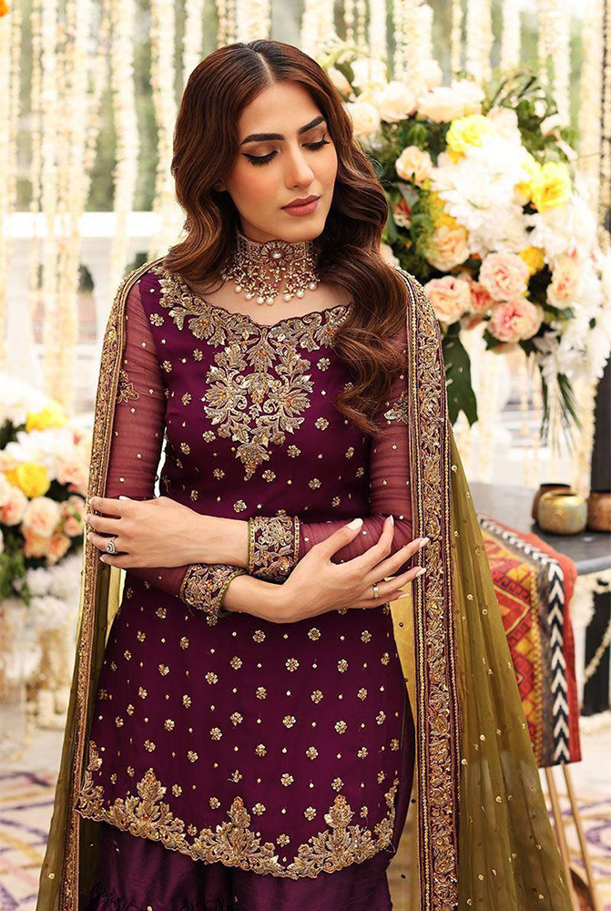 CHIFFON Suit With SATIN SILK Trouser Neck Heavy Embroidered With ADDA WORK Dupatta Full Embroidered
